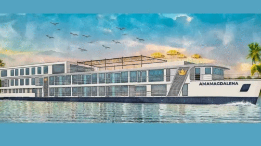 Imagen diseñada de simulación- Crucero AmaMagdalena navegando por el río Magdalena en Colombia