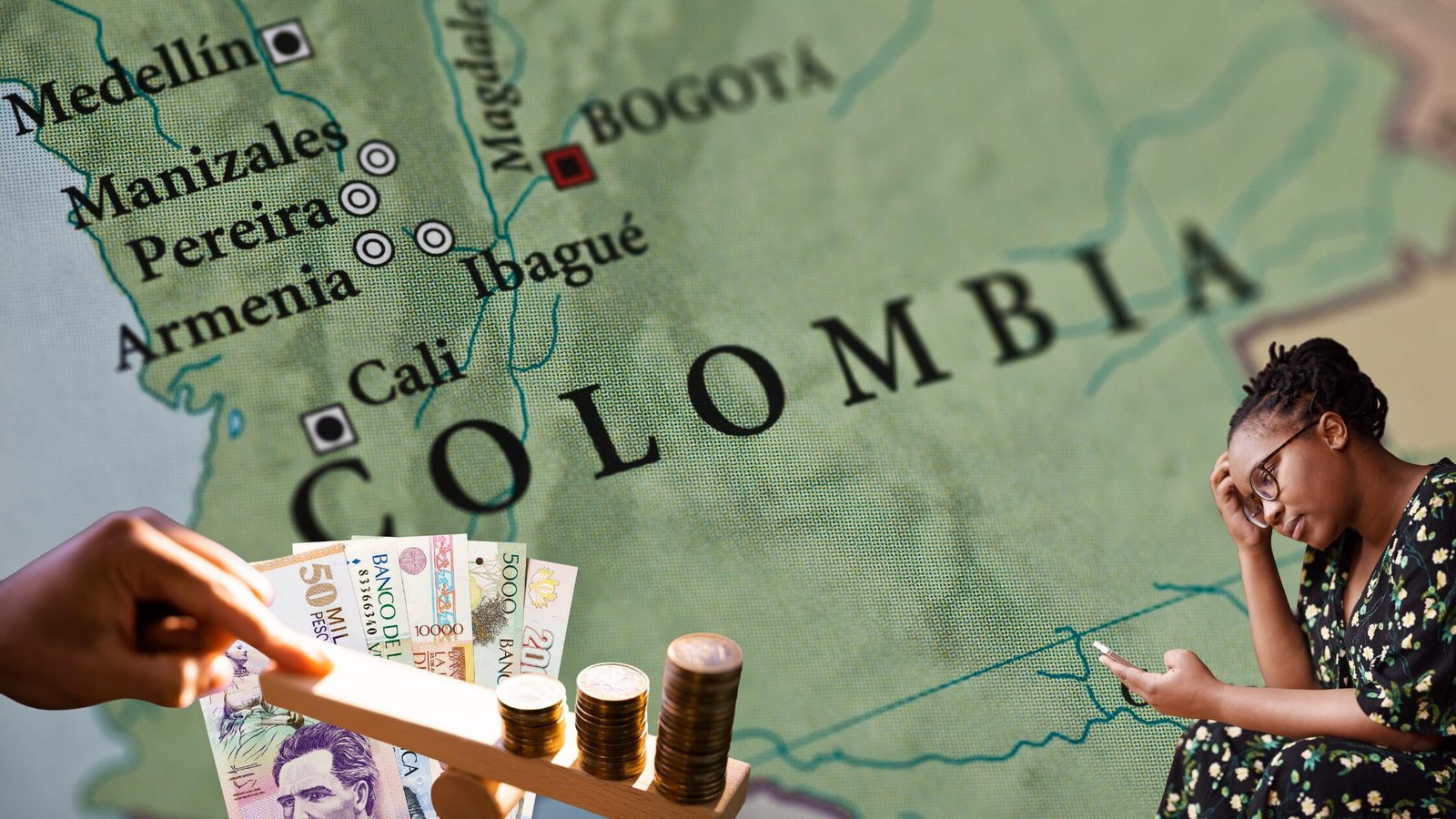 Mapa de Colombia con enfoque en Bogotá, junto a billetes y monedas colombianas y una mujer preocupada revisando su celular, representando el impacto de la economía en los hogares.