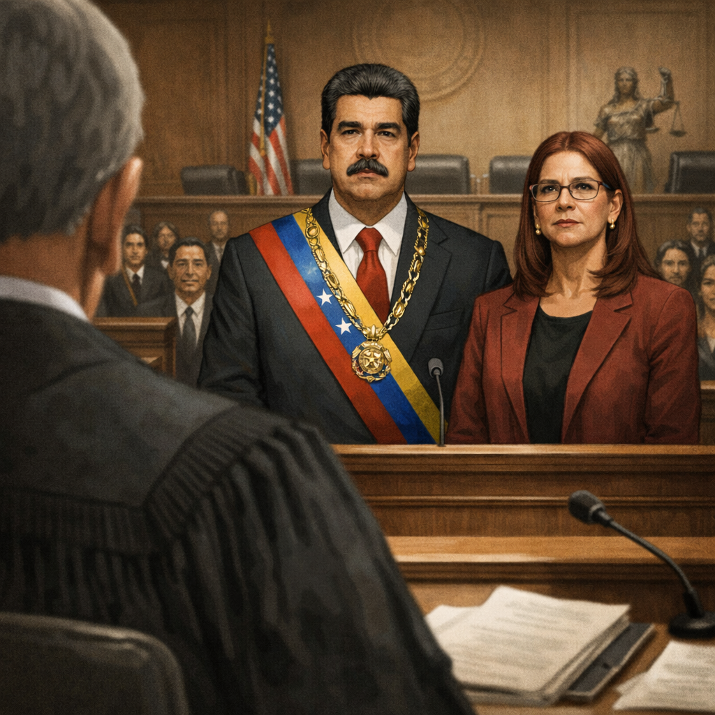 Nicolás Maduro y Cilia Flores durante una audiencia en una corte federal de Nueva York, ilustración editorial sobre el proceso judicial en Estados Unidos.