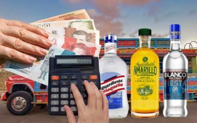 Botellas de aguardiente colombiano con dinero y calculadora que representan el aumento del precio del aguardiente en Colombia.