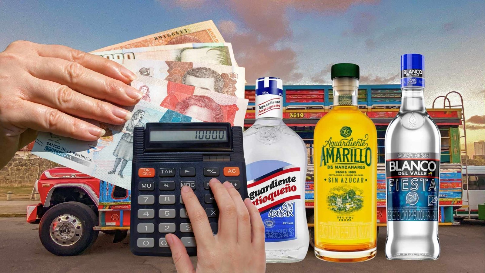 Botellas de aguardiente colombiano con dinero y calculadora que representan el aumento del precio del aguardiente en Colombia.