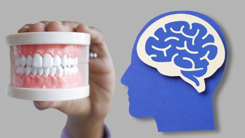 Ilustración médica que representa la relación entre el Alzheimer y la inflamación causada por infecciones en las encías