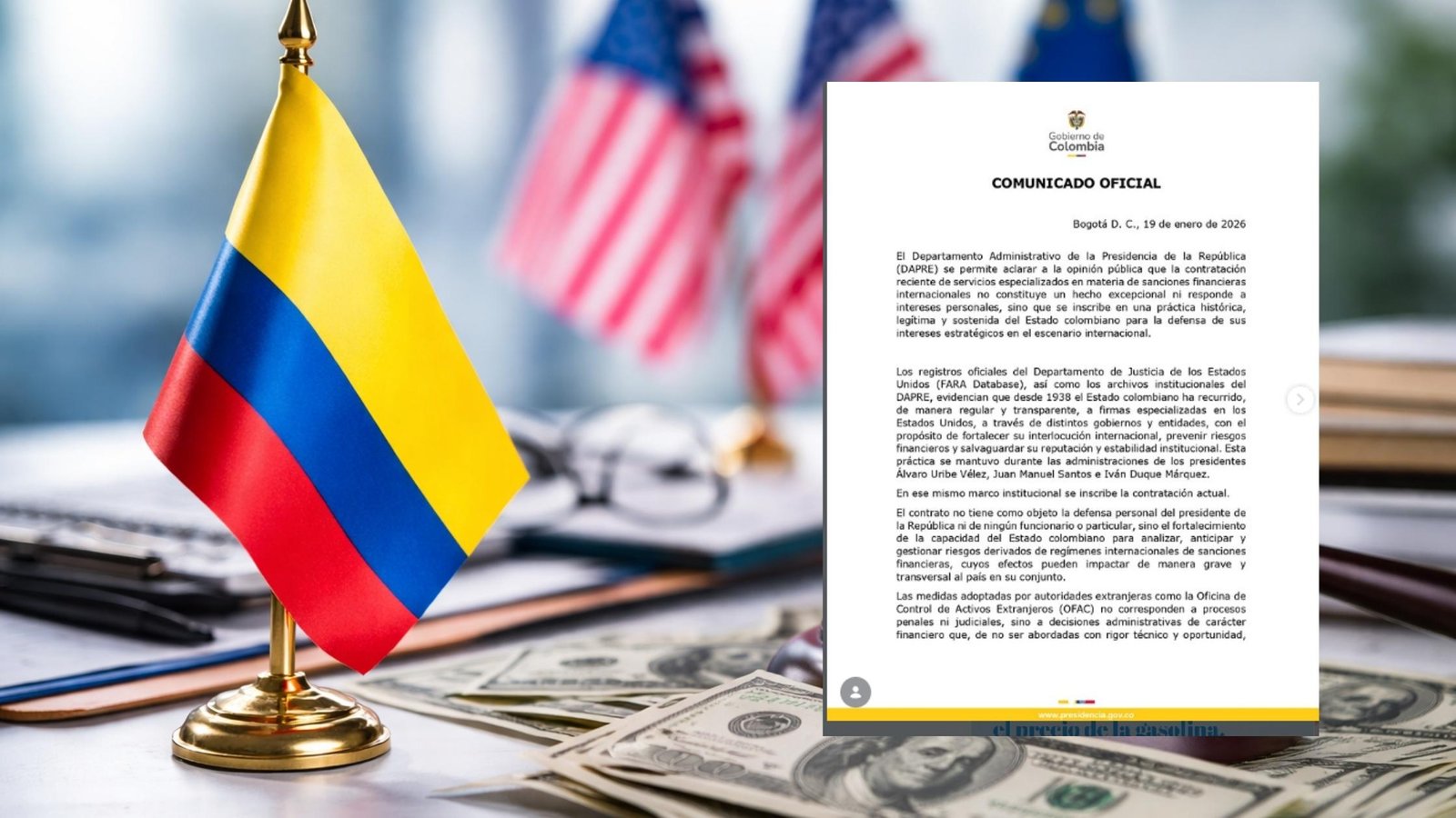 Comunicado oficial del DAPRE sobre la contratación de servicios especializados en sanciones financieras internacionales