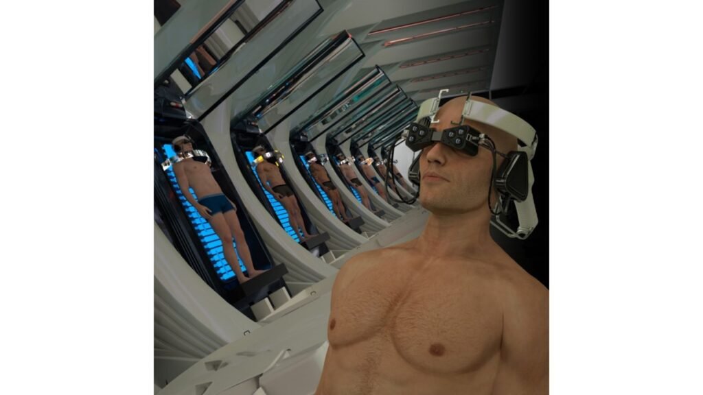 Representación conceptual de una prisión futurista con tecnología de inteligencia artificial donde reos experimentan recuerdos simulados