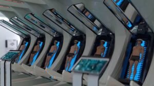 Representación conceptual de una prisión futurista con tecnología de inteligencia artificial donde reos experimentan recuerdos simulados