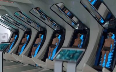 Representación conceptual de una prisión futurista con tecnología de inteligencia artificial donde reos experimentan recuerdos simulados