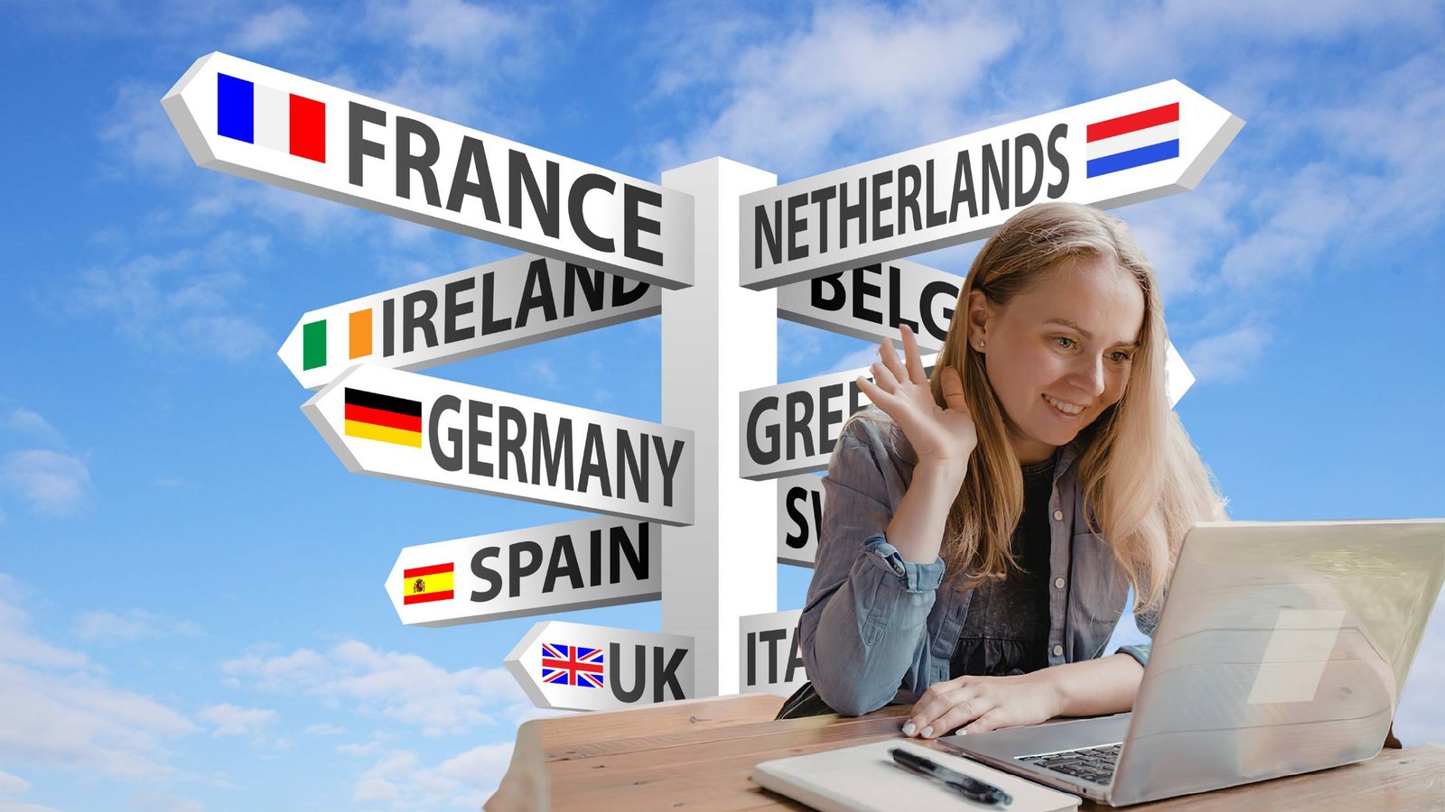 Profesional trabajando de forma remota en Europa, ilustrando programas que pagan por vivir en otro país