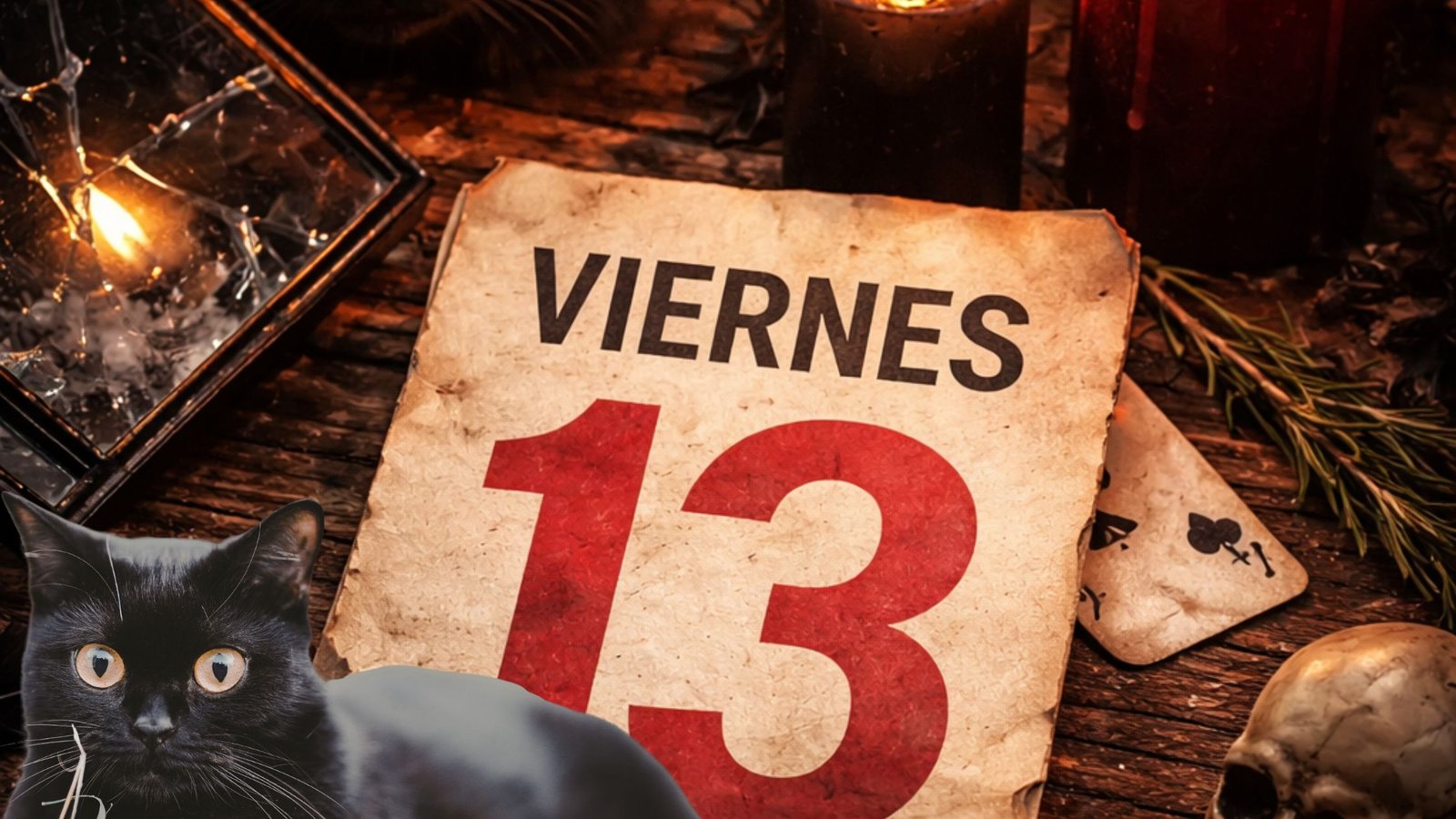 Objetos asociados a supersticiones sobre una mesa oscura: gato negro, velas encendidas, espejo roto y herradura, evocando el misterio del viernes 13.